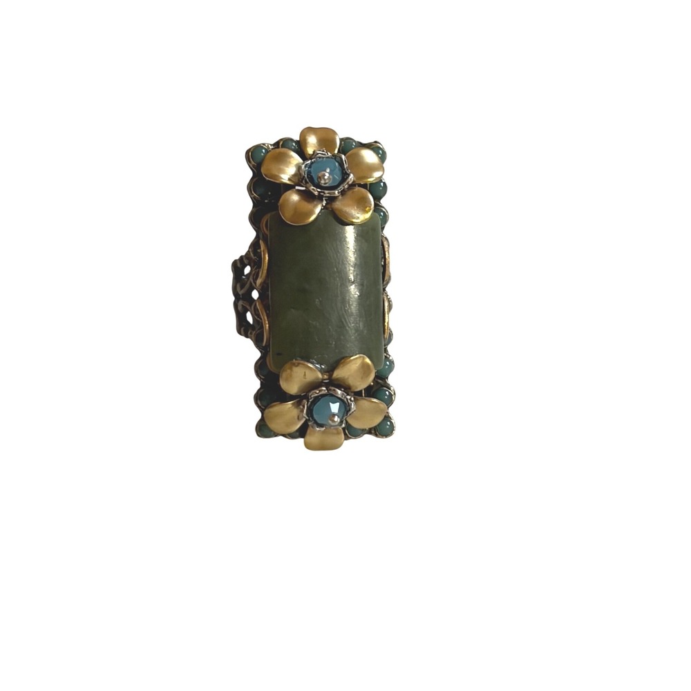 New Ollipop USA Green Stone Flower Statement Ring Brass Filigree Size 7